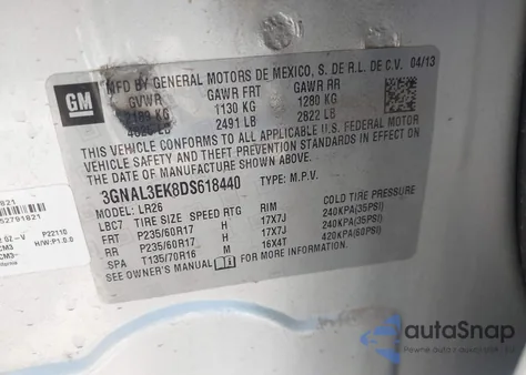 2013 Chevrolet Captiva Sport Lt z USA, uszkodzony, nr VIN 3GNAL3EK8DS618440